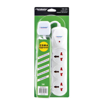 Terminator 3 Way Universal Power Extension Socket With Single Indicator 1.00mm2 3M Cable 13A Fused Plug Esma Approved