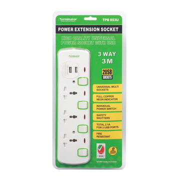 Terminator 3 Way Universal Power Extension Socket with 2 USB & Indicator 3M 13A