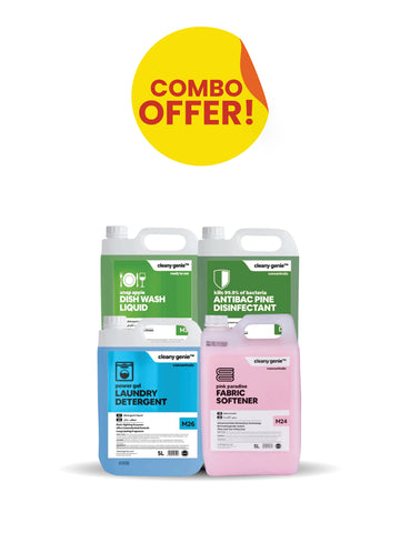 Laundry Detergent M26 | Power Gel 5L + Fabric Softener M24 | Pink Paradise 5L + Dishwash Liquid M3 | Crisp Apple 5L + Antibac Pine Disinfectant D4 | 5L Combo