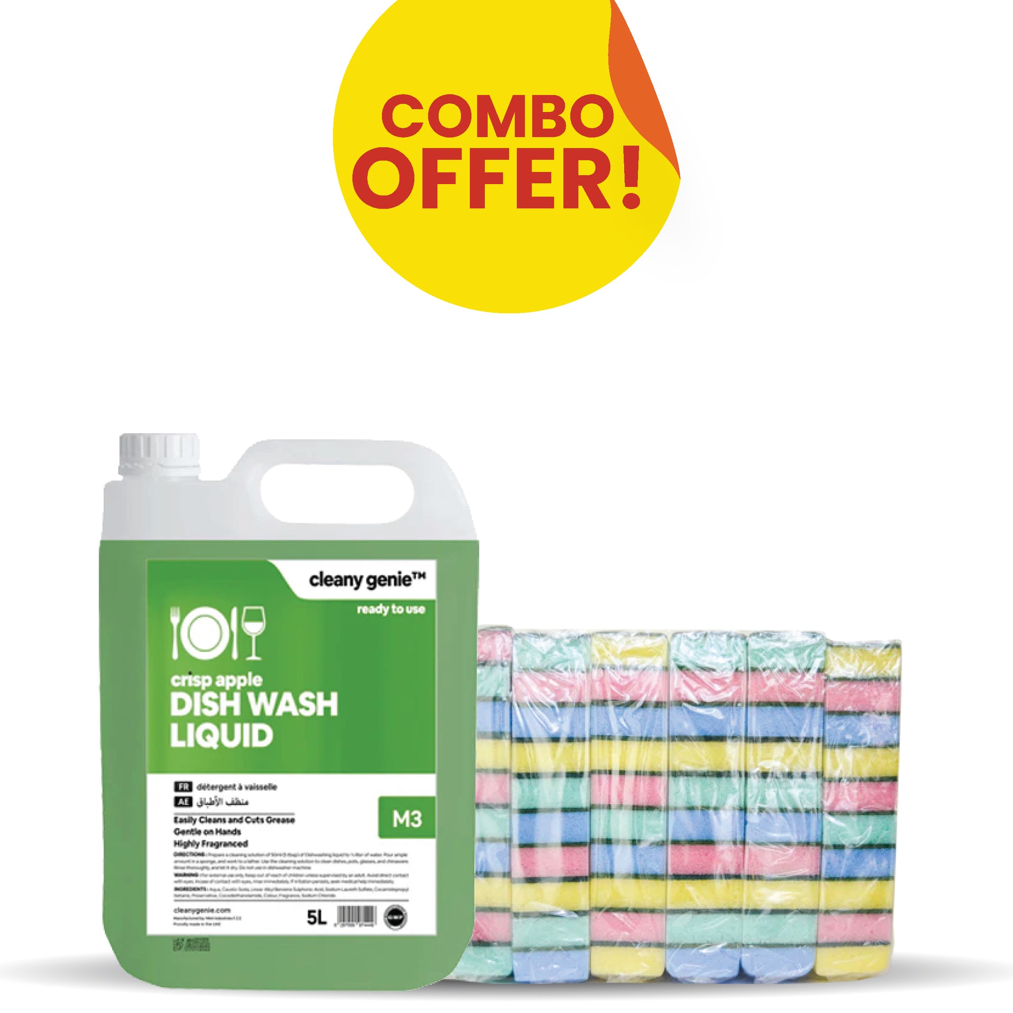 Dishwash Liquid M3 |  Crisp Apple 5L + Sponge 60 PCS Combo