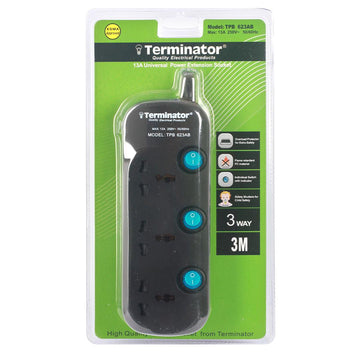 Terminator 3 Way Universal Power Extension Socket 3X1.25MM2 Black Body & Blue Switch 3M Cable 13A Plug Esma Approved